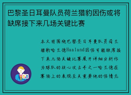 巴黎圣日耳曼队员荷兰猎豹因伤或将缺席接下来几场关键比赛