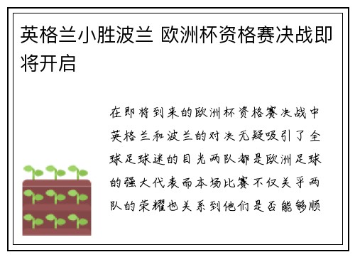 英格兰小胜波兰 欧洲杯资格赛决战即将开启
